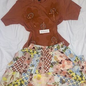 Floral Patchwork Skirt and Brown Top w/ Ribbons & Pearls Set